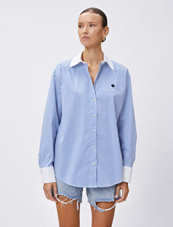 Kontrast Detaylı Gömlek Uzun Kollu Pamuklu