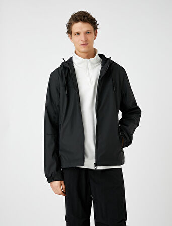 Deri Görünümlü Ceket Kapşonlu Fermuarlı Cep Detaylı