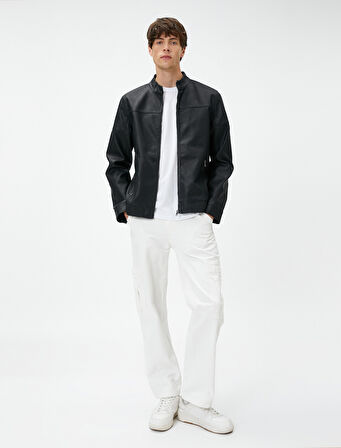 Deri Görünümlü Ceket Yuvarlak Yaka Cepli Fermuarlı