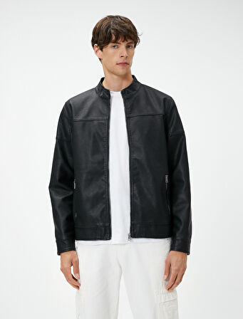 Deri Görünümlü Ceket Yuvarlak Yaka Cepli Fermuarlı