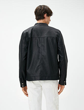 Deri Görünümlü Ceket Yuvarlak Yaka Cepli Fermuarlı