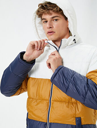 Şişme Mont Kapşonlu Renk Bloklu Fermuarlı Cepli 