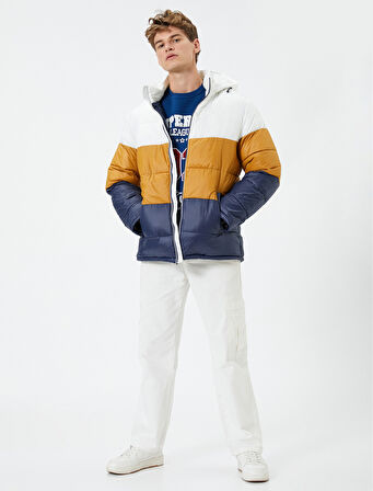 Şişme Mont Kapşonlu Renk Bloklu Fermuarlı Cepli 