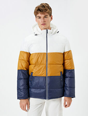 Şişme Mont Kapşonlu Renk Bloklu Fermuarlı Cepli 