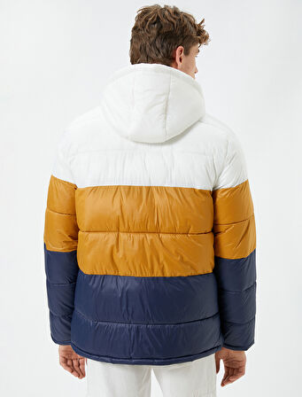 Şişme Mont Kapşonlu Renk Bloklu Fermuarlı Cepli 