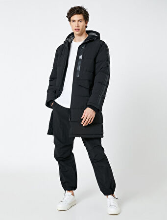 Uzun Mont Anorak Kapşonlu Cepli Şerit Baskılı