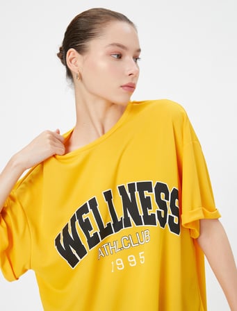 Oversize Spor Tişört Baskılı Kısa Kollu Bisiklet Yaka 