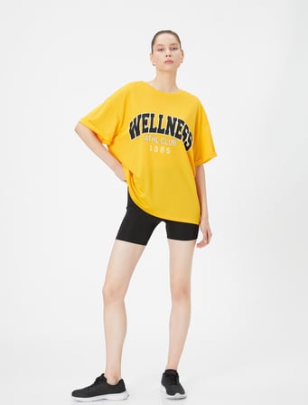 Oversize Spor Tişört Baskılı Kısa Kollu Bisiklet Yaka 