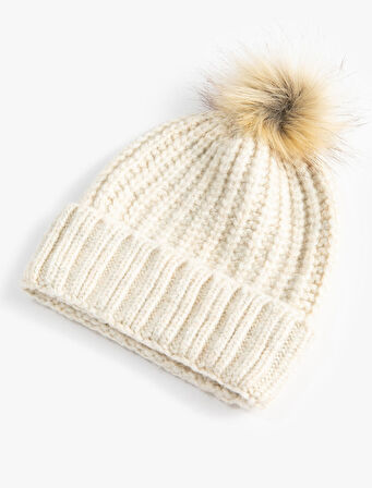 Örgü Bere Lastikli Peluş Ponponlu