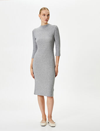 Midi Triko Elbise Yarım Kollu Bisiklet Yaka Slim Fit