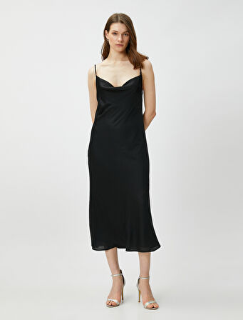 Saten Midi Abiye Elbise Degaje Yaka