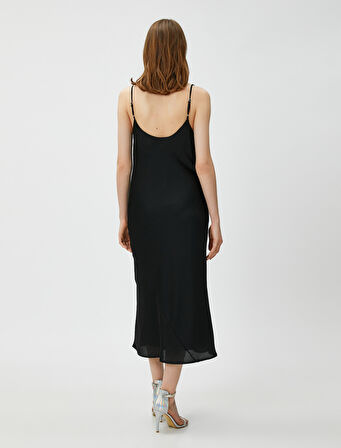 Saten Midi Abiye Elbise Degaje Yaka