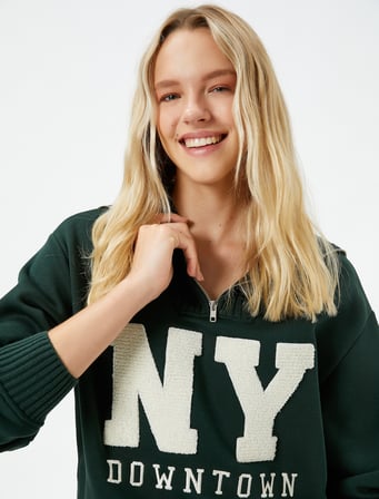 Oversize Kolej Sweatshirt Yarım Fermuarlı İşlemeli Ribanalı
