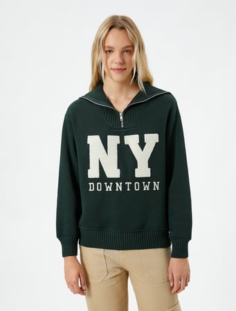 Oversize Kolej Sweatshirt Yarım Fermuarlı İşlemeli Ribanalı