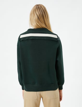Oversize Kolej Sweatshirt Yarım Fermuarlı İşlemeli Ribanalı