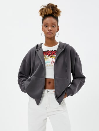 Oversize Fermuarlı Sweatshirt Kapüşonlu Kanguru Cepli
