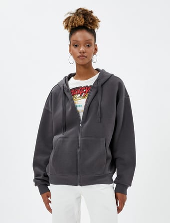 Oversize Fermuarlı Sweatshirt Kapüşonlu Kanguru Cepli