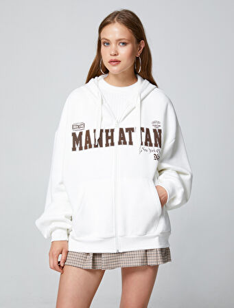 Fermuarlı Sweatshirt Oversize Kapüşonlu Kolej Baskılı Kanguru Cepli