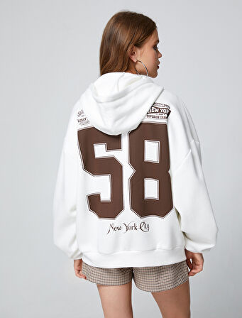 Fermuarlı Sweatshirt Oversize Kapüşonlu Kolej Baskılı Kanguru Cepli