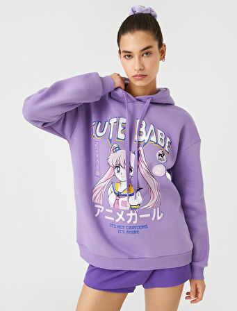 Anime Sweatshirt Oversize Baskılı Kapüşonlu Ribanalı