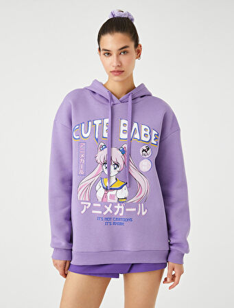 Anime Sweatshirt Oversize Baskılı Kapüşonlu Ribanalı