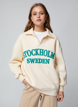 Koton Gömlek Yaka Baskılı Bej Kadın Sweatshırt 4WAL10021IK