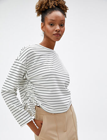 Crop Sweatshirt Bisiklet Yaka Yanları Büzgülü Uzun Kollu
