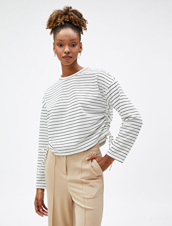 Crop Sweatshirt Bisiklet Yaka Yanları Büzgülü Uzun Kollu