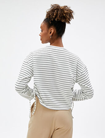 Crop Sweatshirt Bisiklet Yaka Yanları Büzgülü Uzun Kollu