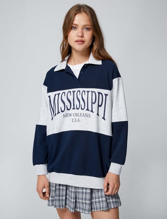 Oversize Kolej Sweatshirt Polo Yaka Baskılı Düğmeli