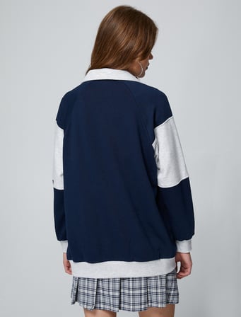 Oversize Kolej Sweatshirt Polo Yaka Baskılı Düğmeli