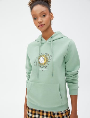 Kapüşonlu Sweatshirt Baskılı Kanguru Cepli Uzun Kollu