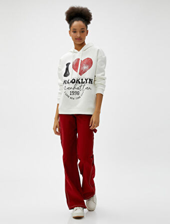 Kapüşonlu Oversize Sweatshirt Kolej Baskılı Ribanalı