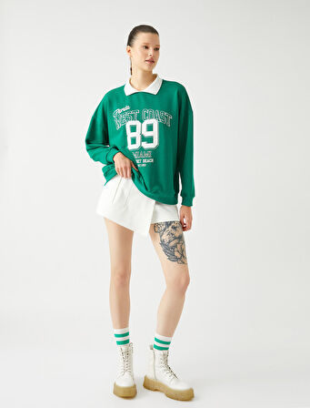 Oversize Sweatshirt Polo Yaka Kolej Baskılı Uzun Kollu
