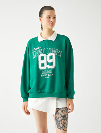 Oversize Sweatshirt Polo Yaka Kolej Baskılı Uzun Kollu