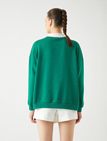 Oversize Sweatshirt Polo Yaka Kolej Baskılı Uzun Kollu