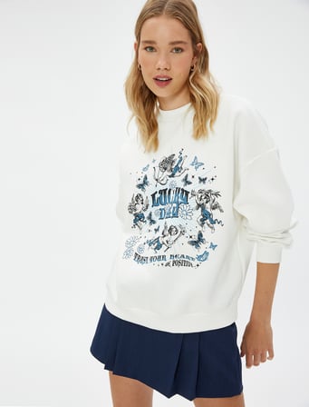 Bisiklet Yaka Sweatshirt Baskılı Ribanalı Uzun Kollu
