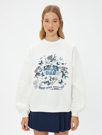 Bisiklet Yaka Sweatshirt Baskılı Ribanalı Uzun Kollu