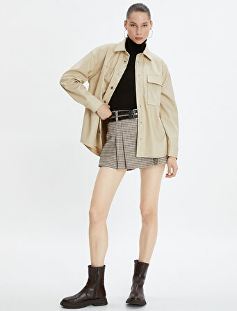 Oversize Gömlek Ceket Suni Deri Görünümlü Kapaklı Cepli Düğmeli