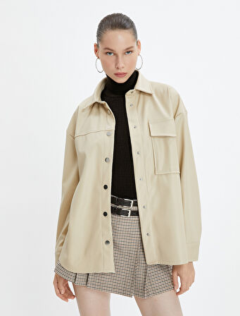 Oversize Gömlek Ceket Suni Deri Görünümlü Kapaklı Cepli Düğmeli