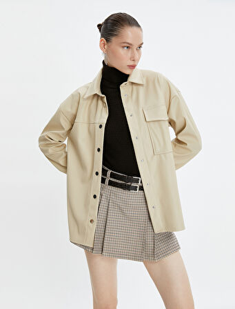 Oversize Gömlek Ceket Suni Deri Görünümlü Kapaklı Cepli Düğmeli