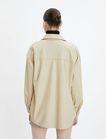 Oversize Gömlek Ceket Suni Deri Görünümlü Kapaklı Cepli Düğmeli