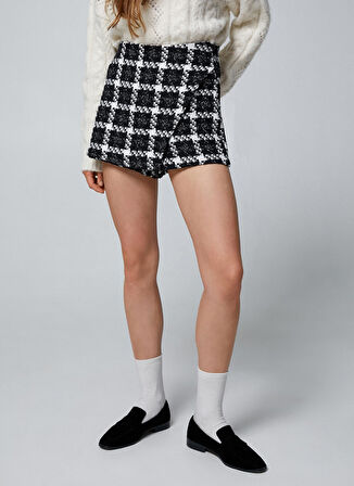 Koton Yüksek Bel Beyaz - Siyah Kadın Ekose Mini Etek 4WAL70006IW