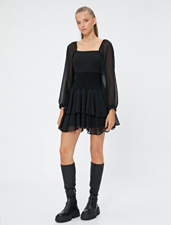 Tül Mini Elbise Uzun Kollu Beli Gipeli Kare Yaka Katlı