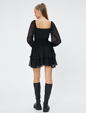 Tül Mini Elbise Uzun Kollu Beli Gipeli Kare Yaka Katlı