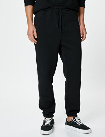 Jogger Eşofman Altı Slogan Baskılı Beli Bağcıklı Fermuar Cepli