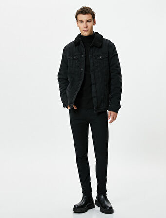 Kot Ceket Suni Kürk Yaka Detaylı Cep Çift Cepli Düğmeli