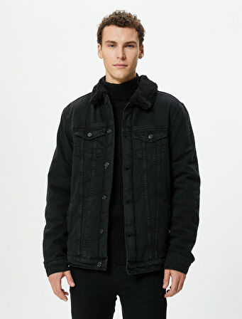 Kot Ceket Suni Kürk Yaka Detaylı Cep Çift Cepli Düğmeli