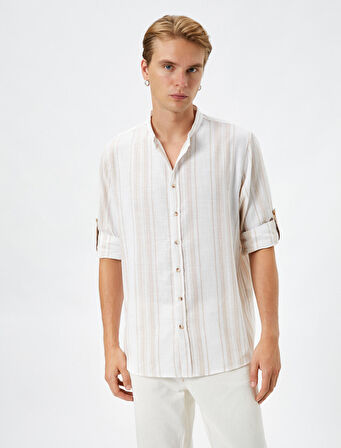 Hakim Yaka Gömlek Uzun Kollu Düğmeli Katlanabilir Kol Detaylı