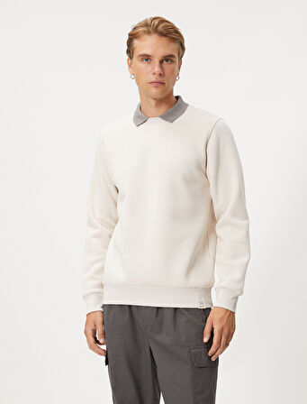 Basic Sweatshirt Polo Yaka Etiket Baskı Detaylı Ribanalı Şardonlu